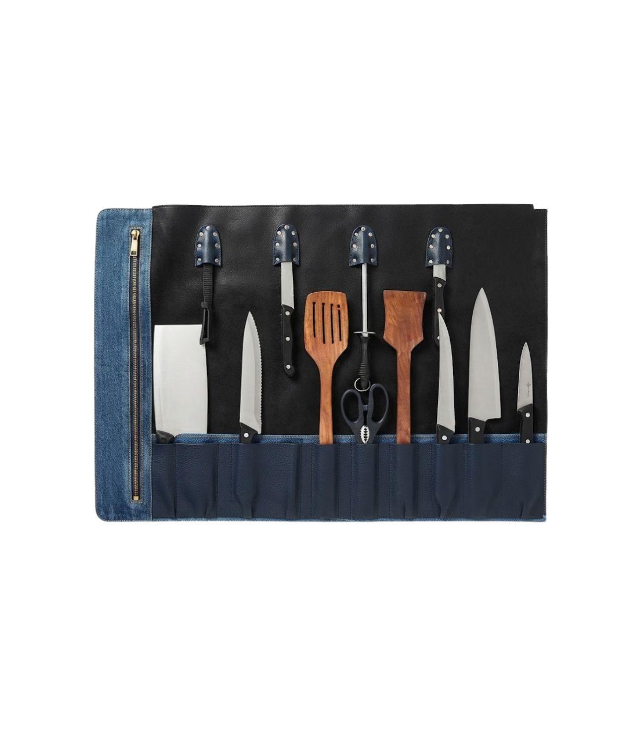 Personalized Blue Leather Knife Roll With Shoulder Strap - Image 2