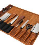 Walnut Brown Leather Chef Knife Roll with 10 Slots & Shoulder Strap - Image 2
