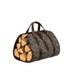 Waxed canvas log carrier with leather accents filled with firewood