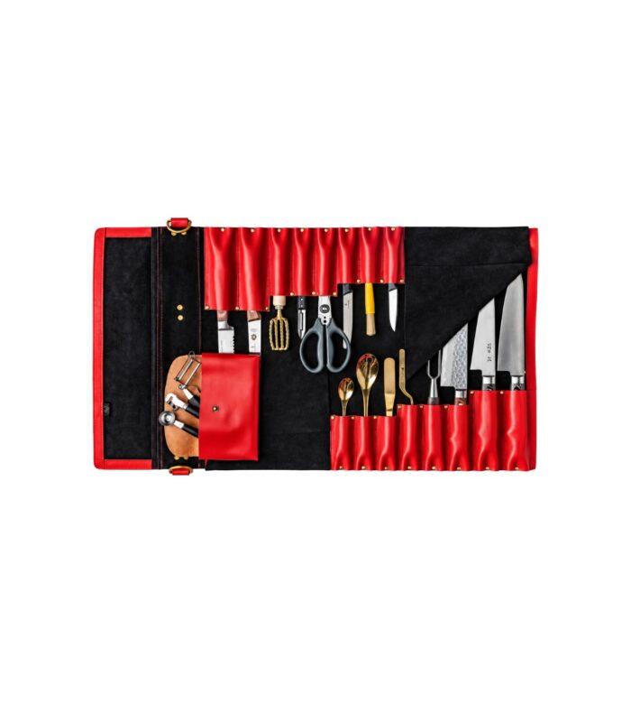Black and Red Two-Tone Leather Chef Knife Roll