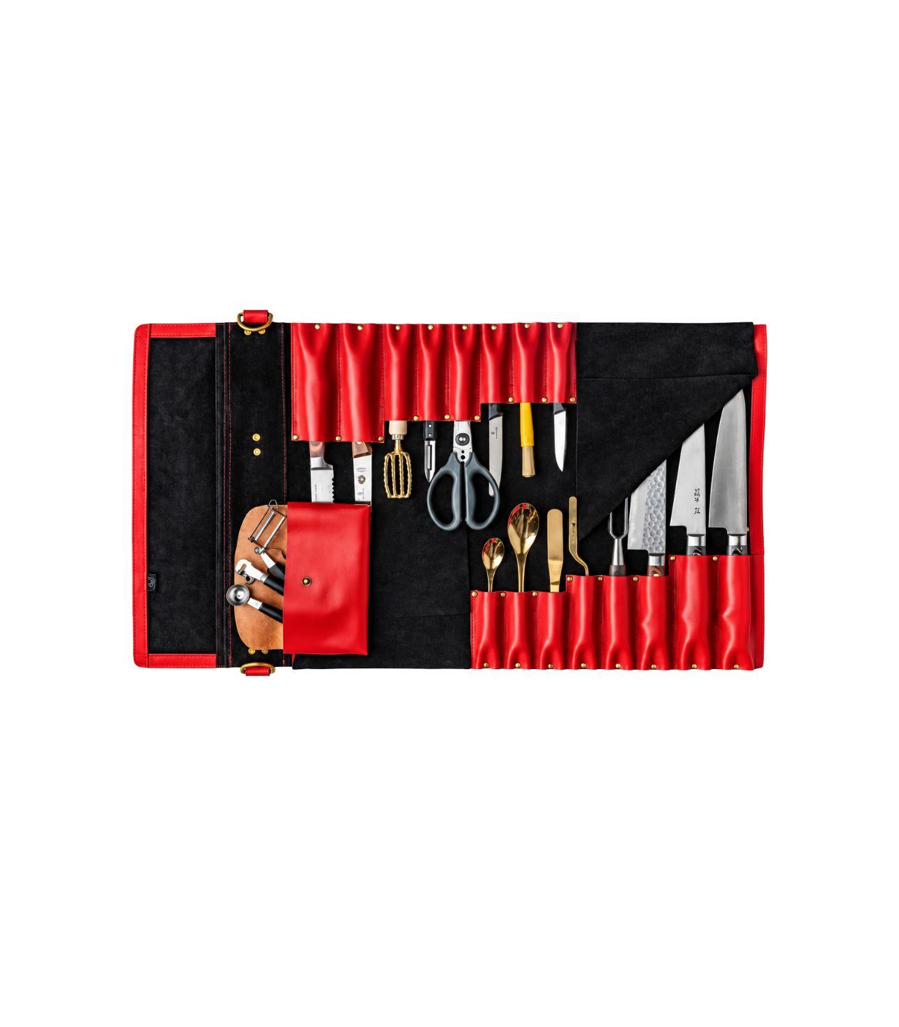 Black and Red Two-Tone Leather Chef Knife Roll - Image 2