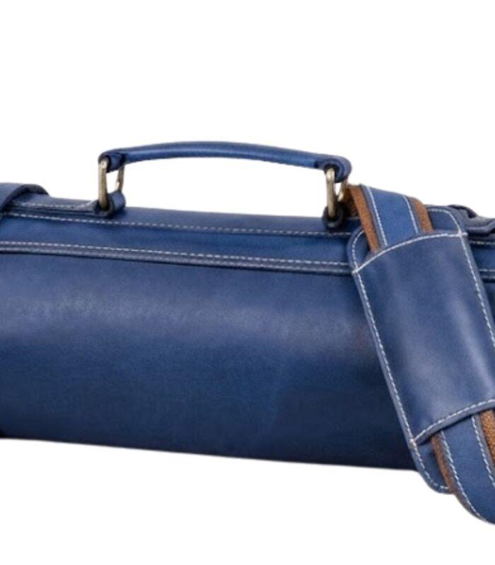 Personalized Blue Leather Knife Roll With Shoulder Strap