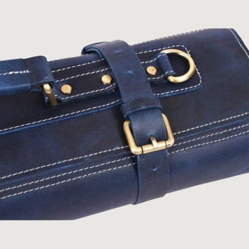 Personalized Blue Leather Knife Roll With Shoulder Strap