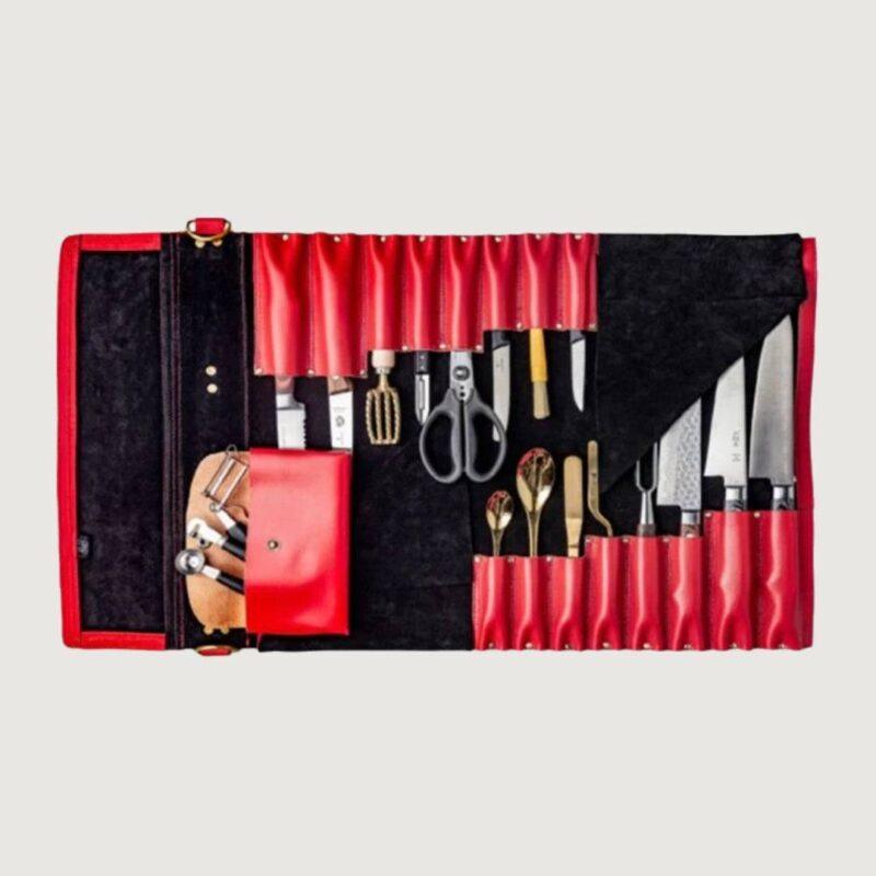 Black and Red Two-Tone Leather Chef Knife Roll