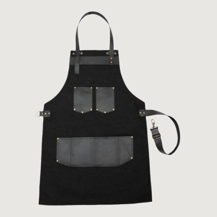 The Nottinghamshire Black Canvas Apron With Black Top Grain Leather Pocket - Image 3