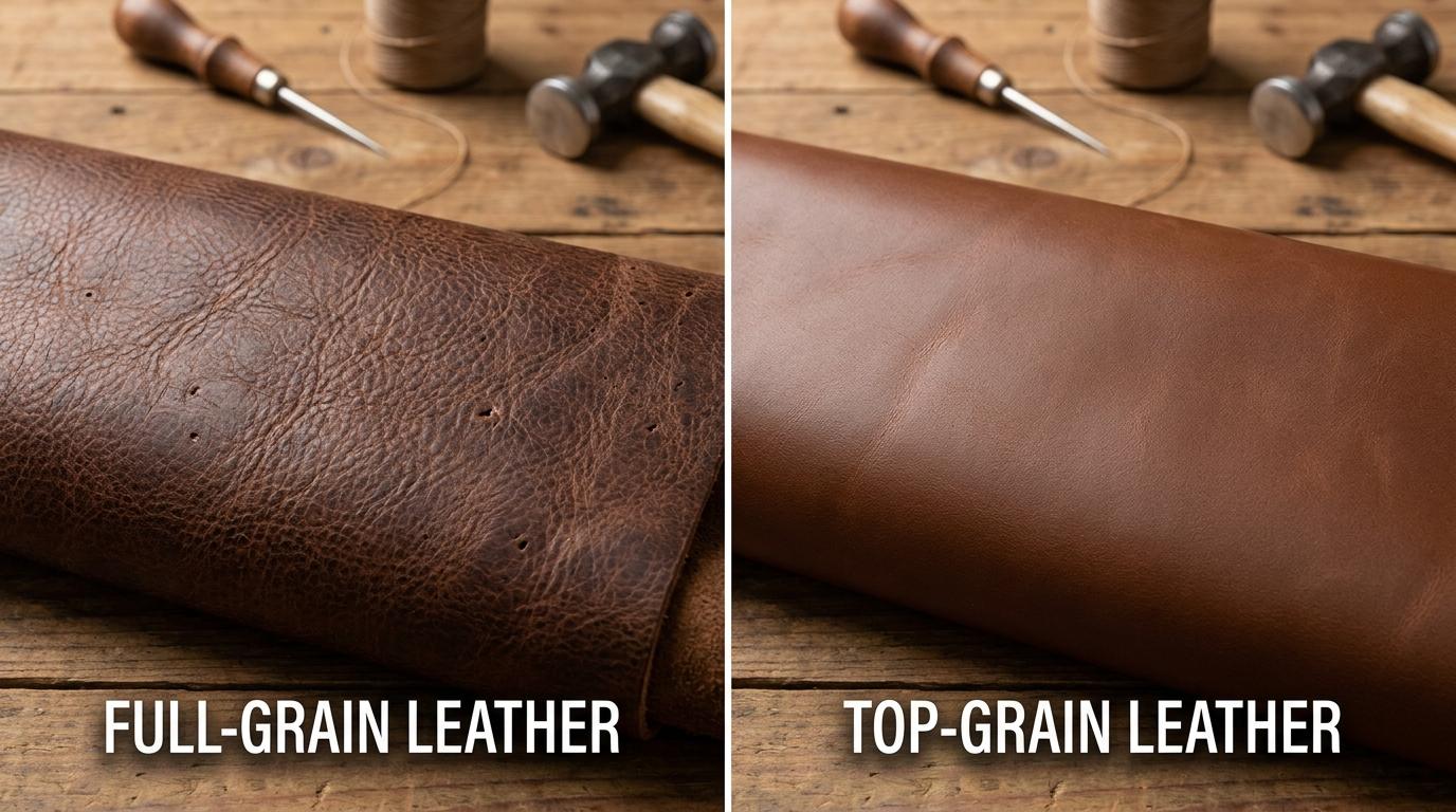 Comparison of full-grain and top-grain leather showcasing texture differences on a wooden surface.