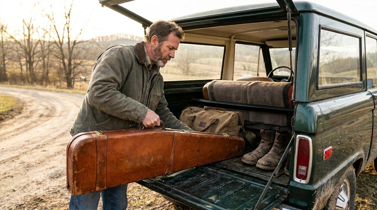 A man removes a worn full-grain leather case from the back of a vintage vehicle in a rural setting.