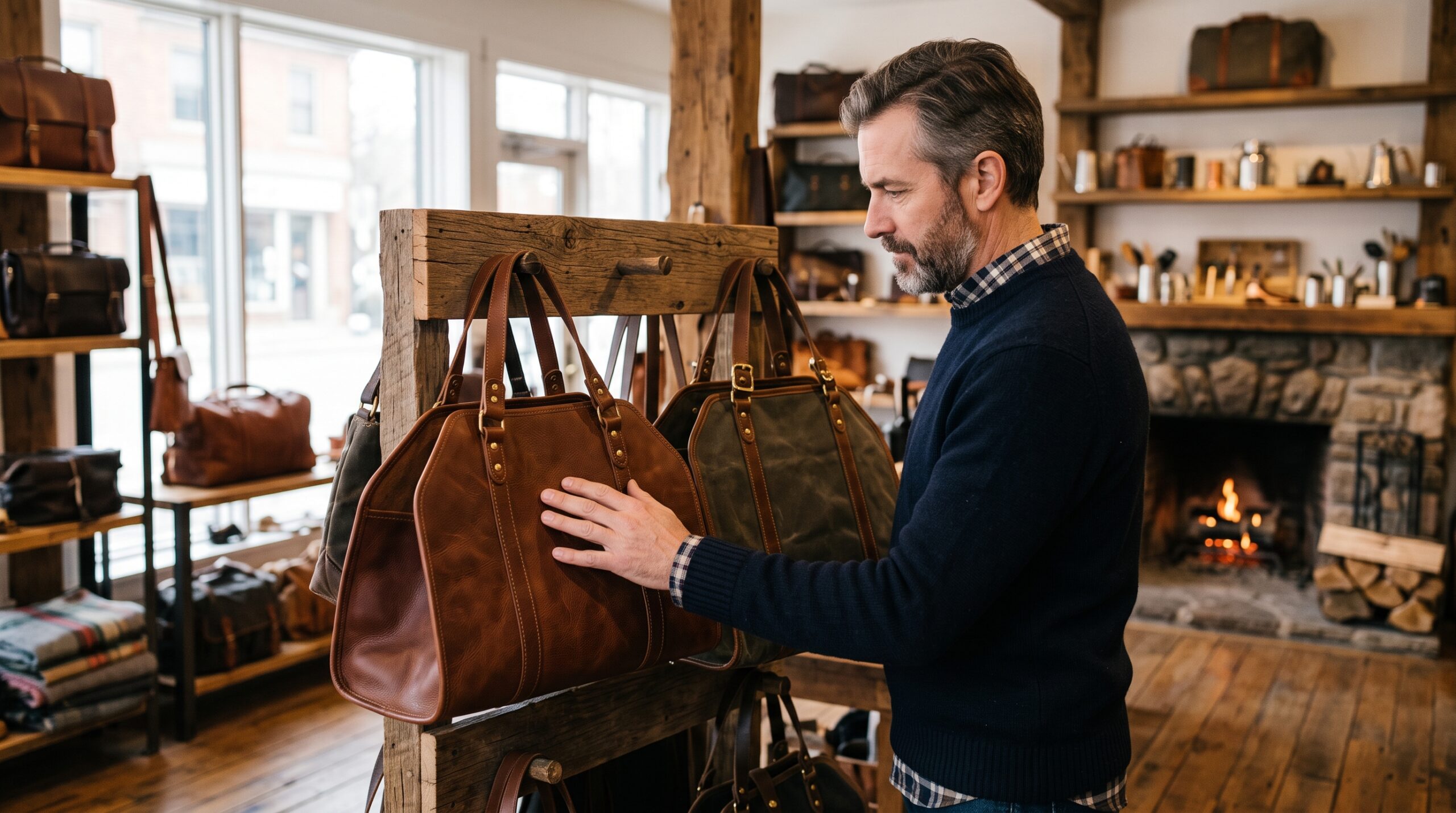 a man buying leather wood carrier