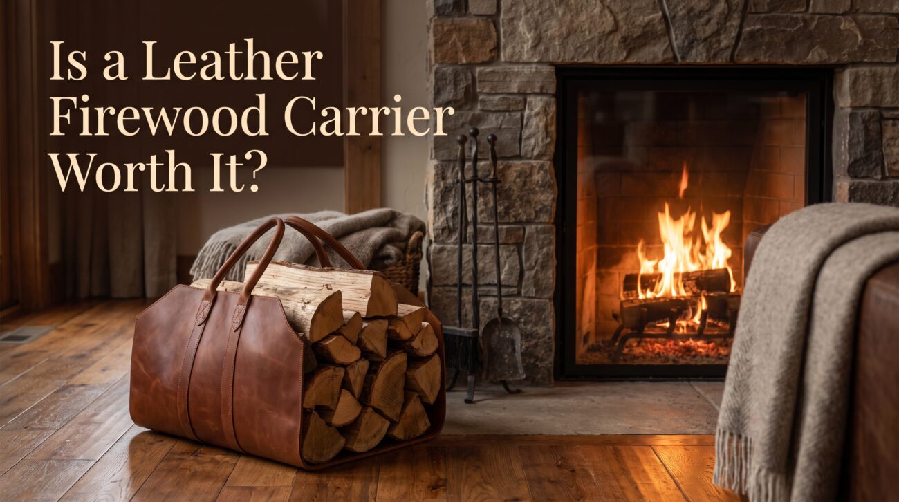 Leather firewood carrier beside a fireplace with heading about whether it is worth it