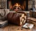 Leather firewood carrier guide showing logs carrier types and fireplace care items