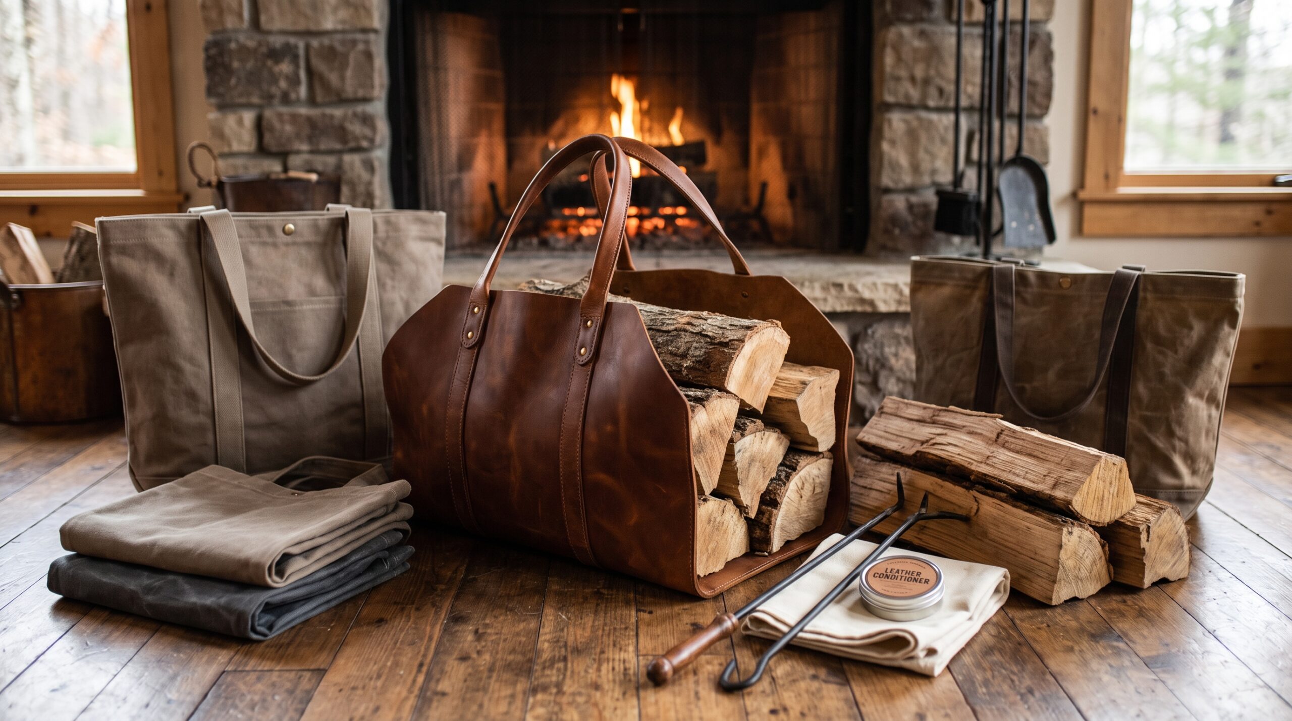 Leather firewood carrier guide showing logs carrier types and fireplace care items