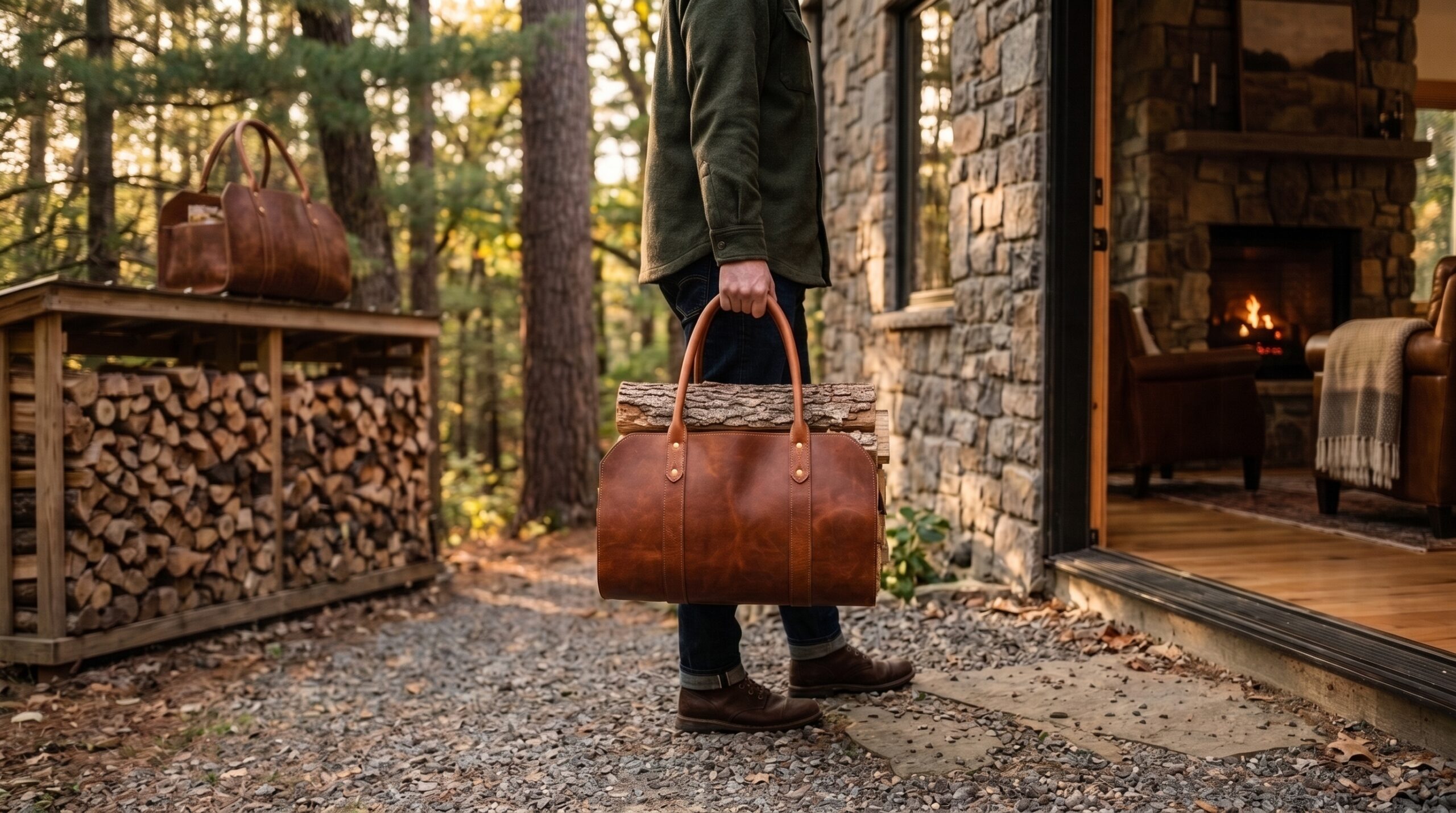 a man carrying firewood in the log carrier