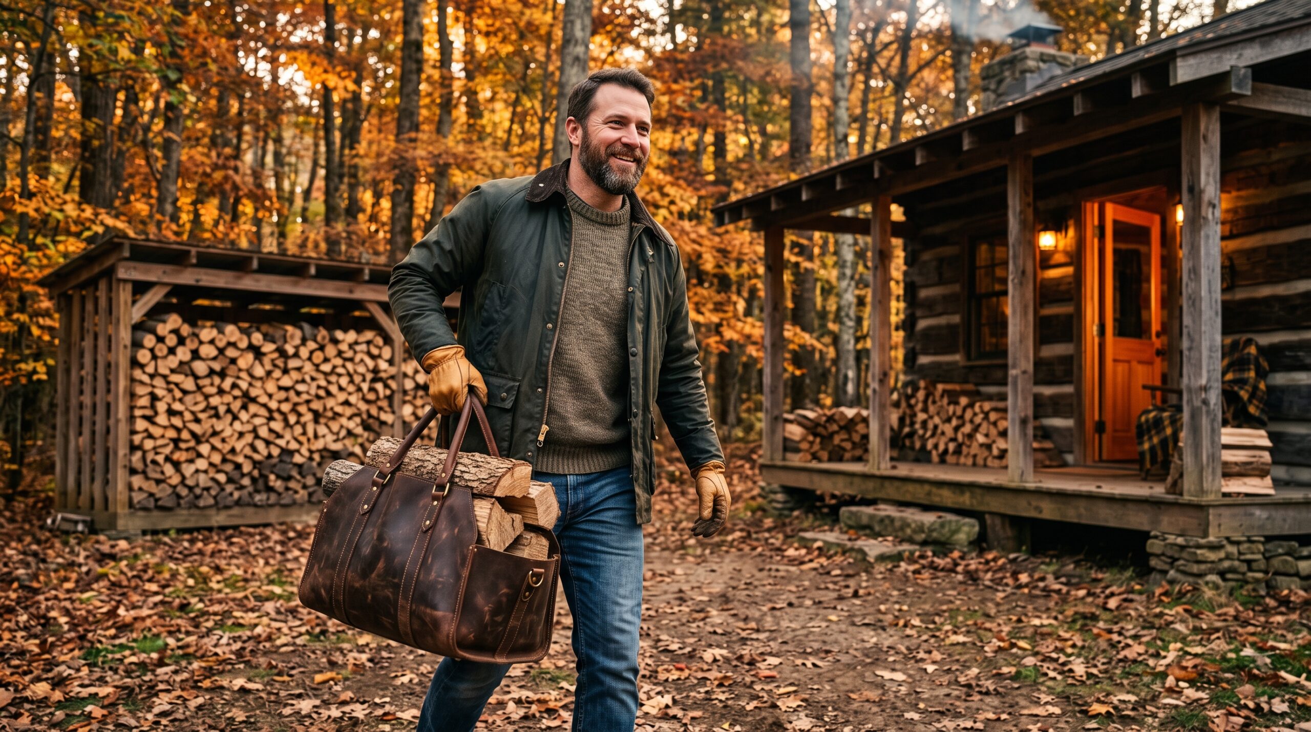a man carrying woods in leather wood carrier