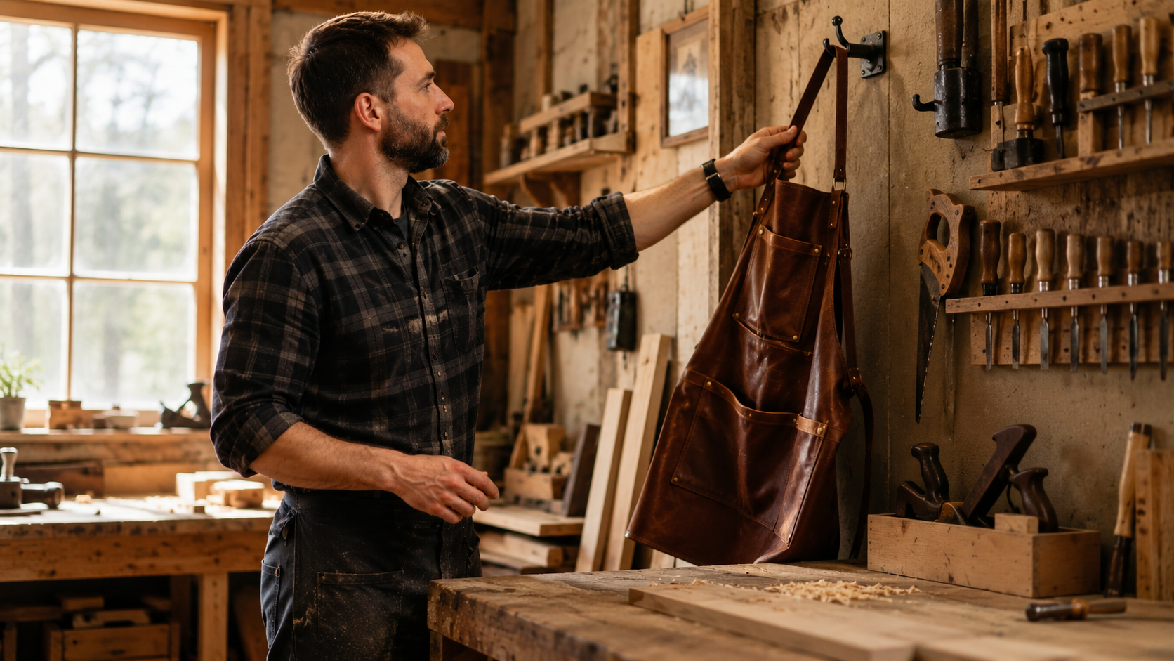 a man taking off Best Leather Aprons for Woodworkers from the hook.