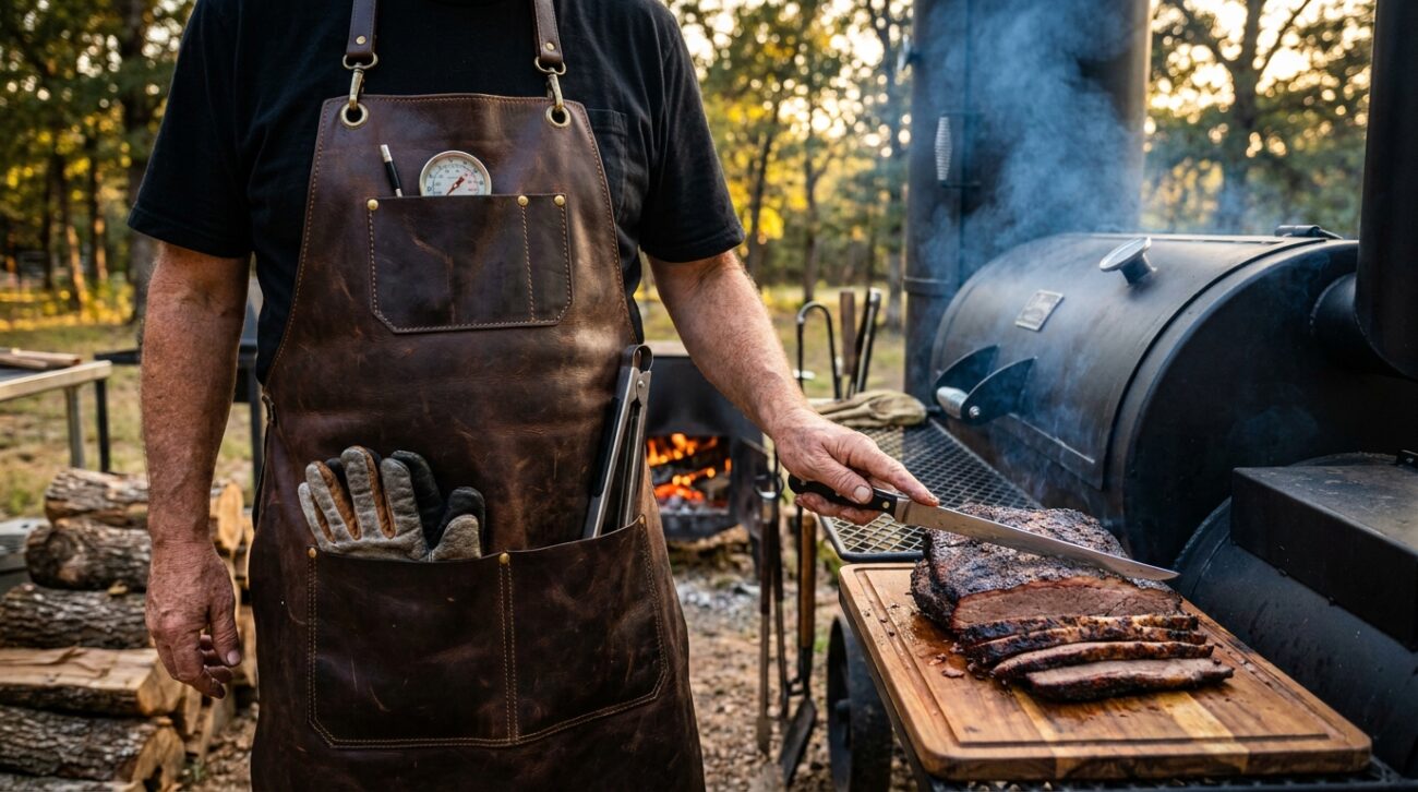 a person grilling bbq and displaying Best Leather BBQ Aprons for Pitmasters