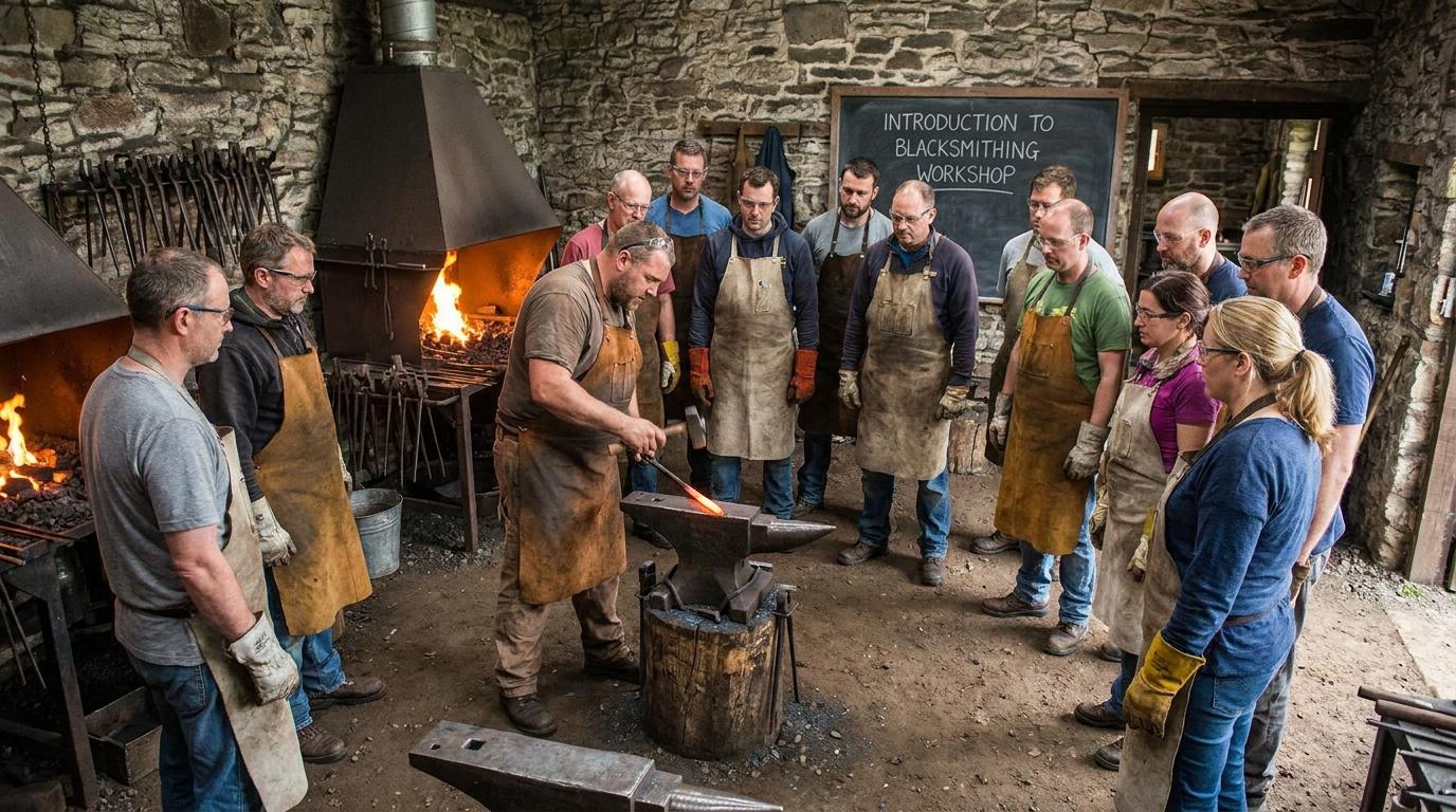 Participants observe a blacksmith demonstrating techniques at a workshop, highlighting Blacksmithing Workshops & Events 2026-27.