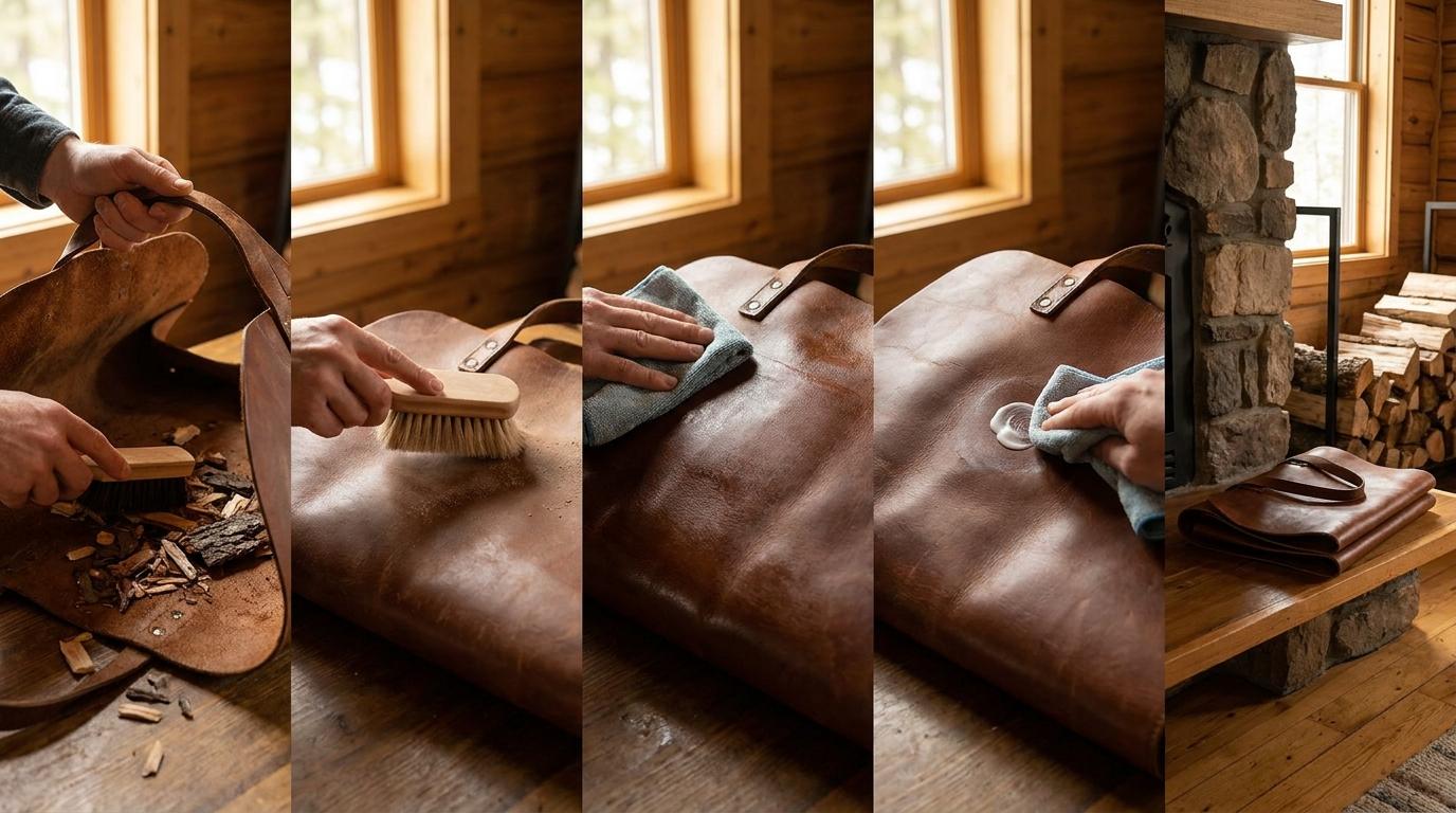 process showing How to Clean and Maintain a Leather Firewood Carrier