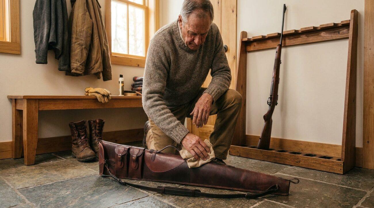 An older man cleans a leather rifle case, demonstrating how to store a leather rifle case between hunting seasons.