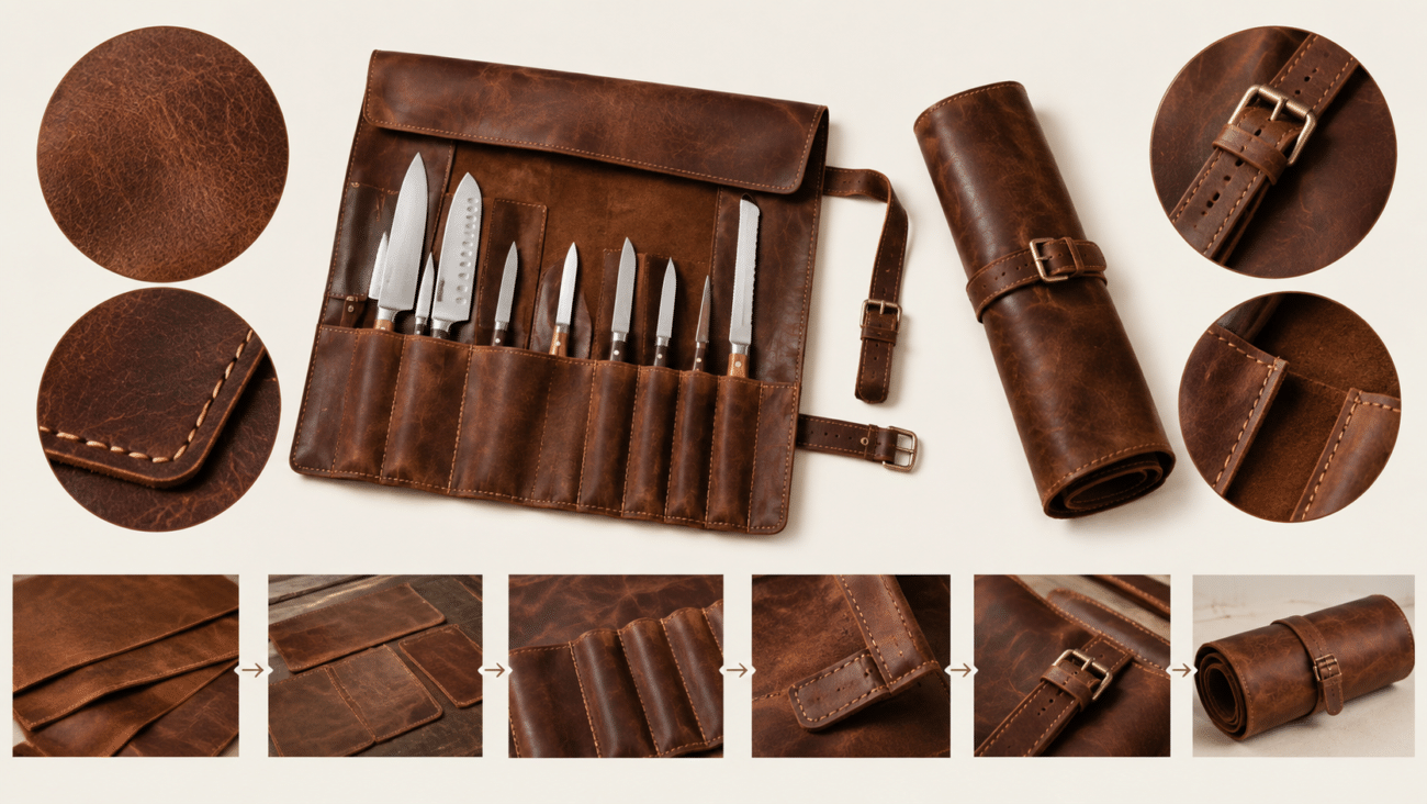 Brown leather knife roll with multiple compartments and buckle closure