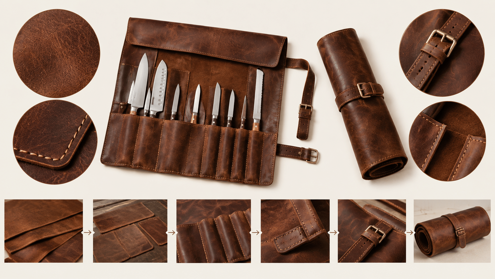 Brown leather knife roll with multiple compartments and buckle closure