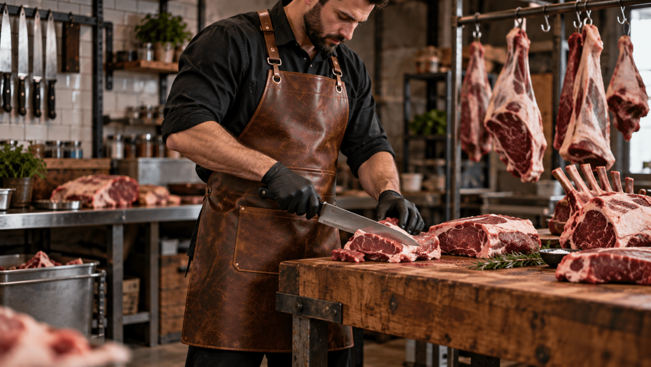 Butcher in brown leather apron carving raw beef cuts in a butcher shop