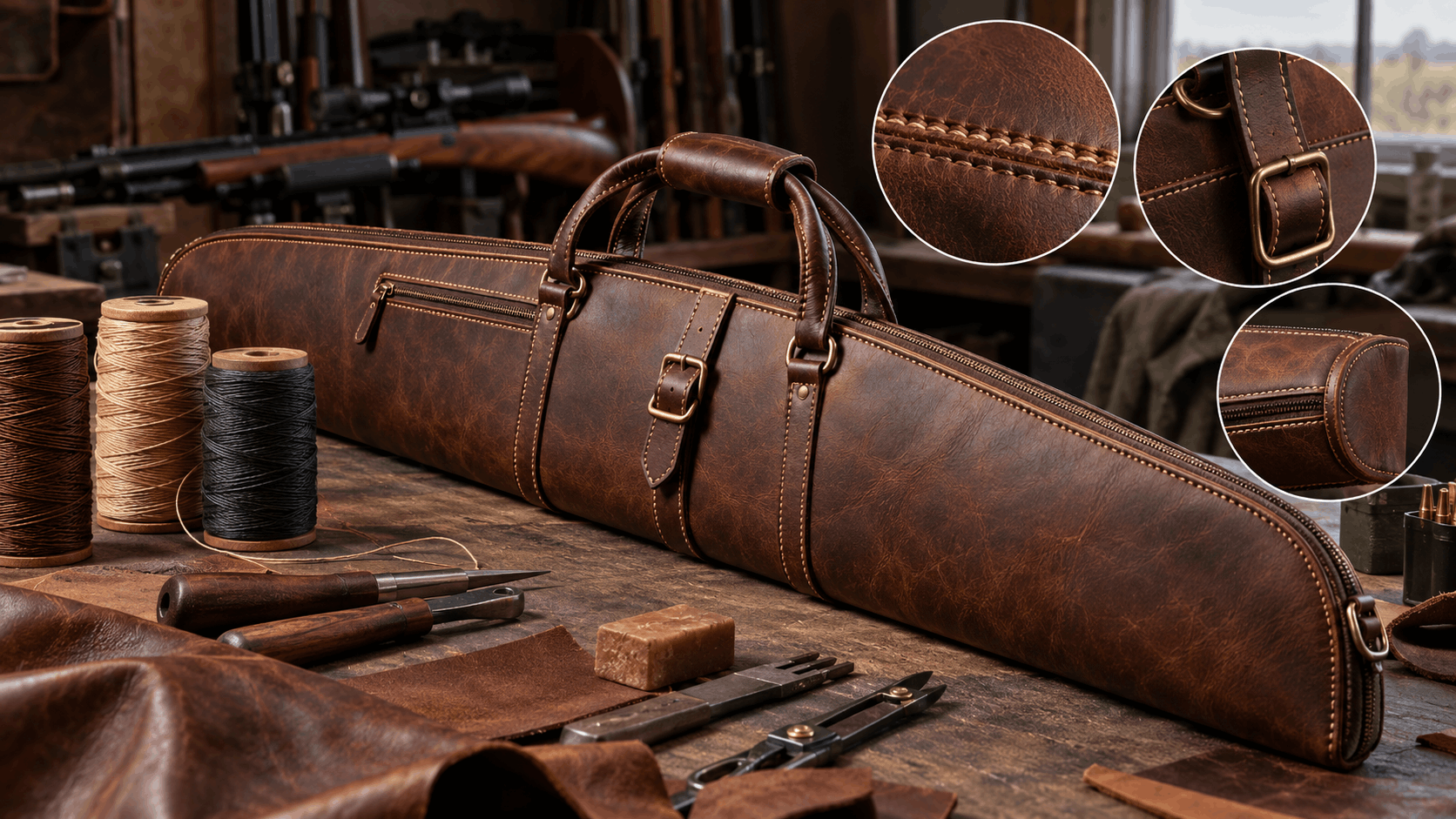 Detailed leather gun case with visible stitching, thread spools, and tools, highlighting the importance of Gun Case Stitching.