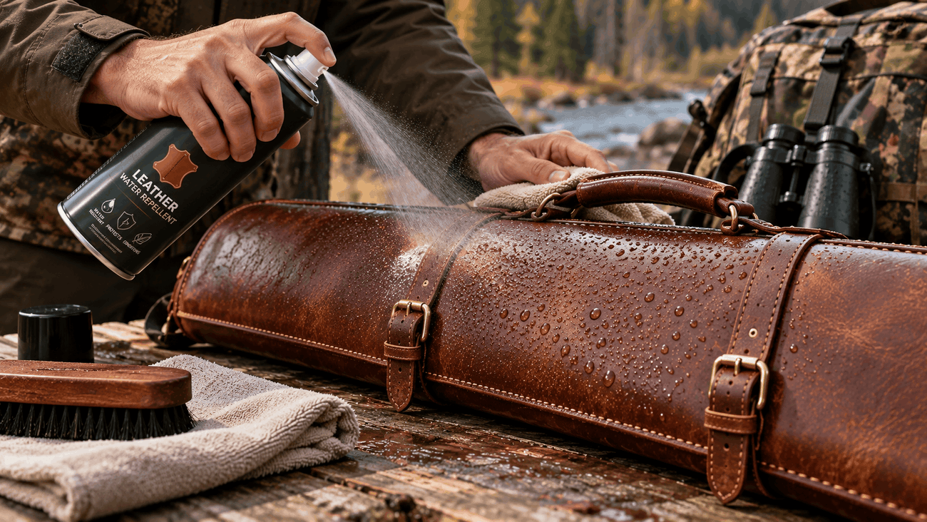 Applying leather water repellent spray to a brown leather gun case, with hunting gear in background