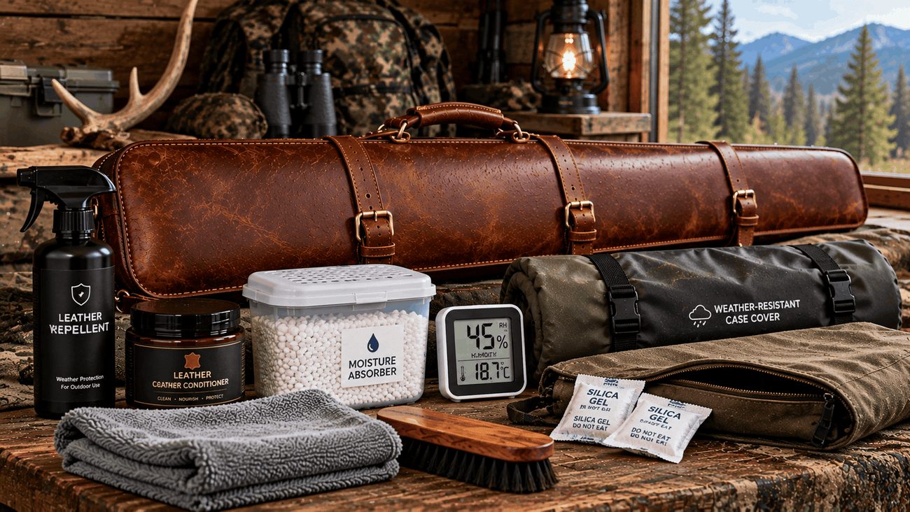 Brown leather gun case with accessories for hunting season