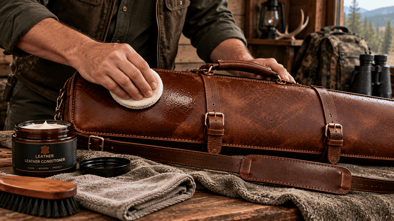 Person conditioning a brown leather rifle case with a white cloth