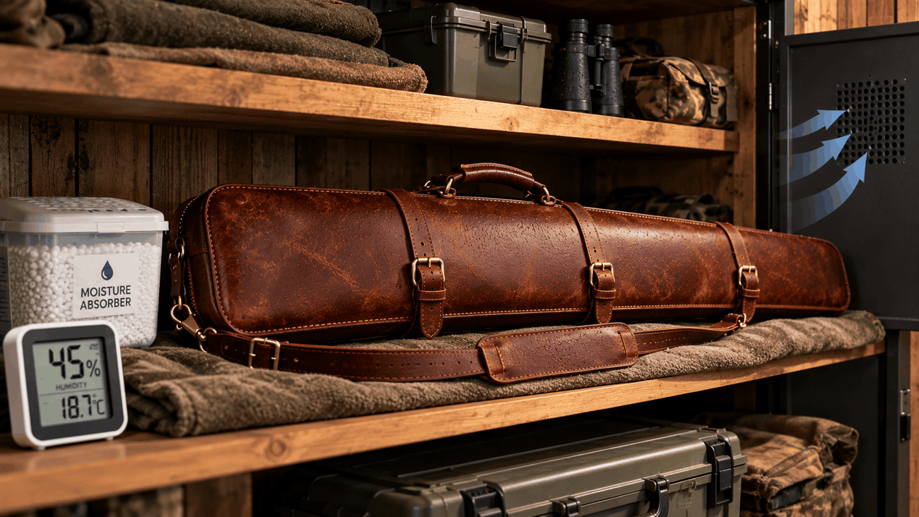Brown leather gun case on a shelf with moisture absorber and digital humidity gauge