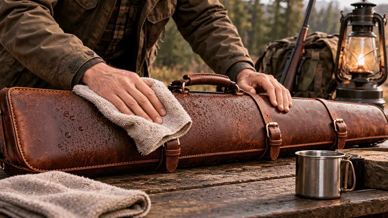 Hands drying a wet brown leather rifle case with a cloth outdoors