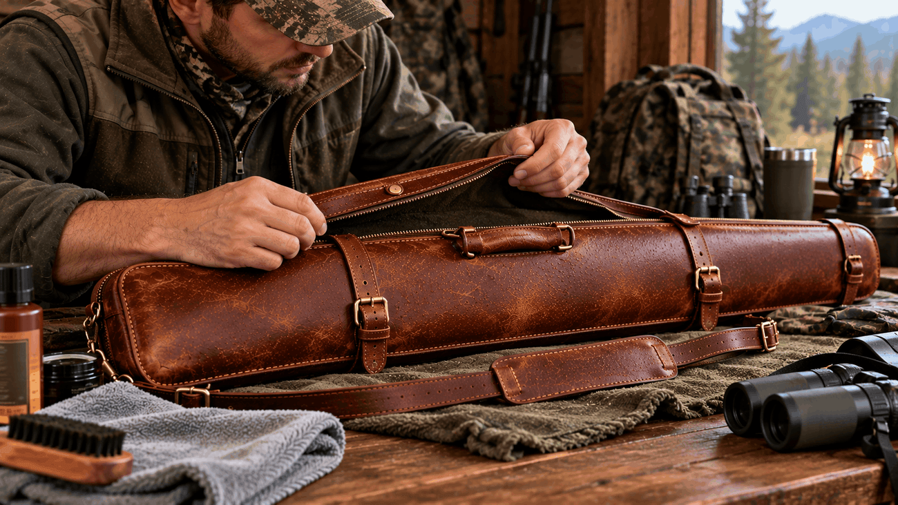 Man zips open a brown leather gun case with buckles and straps