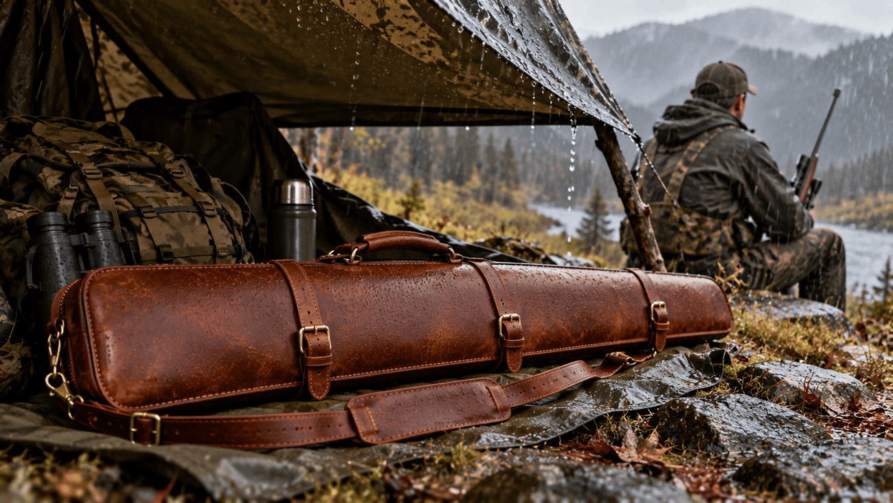 Brown leather rifle case with straps and buckles, in a wet outdoor setting