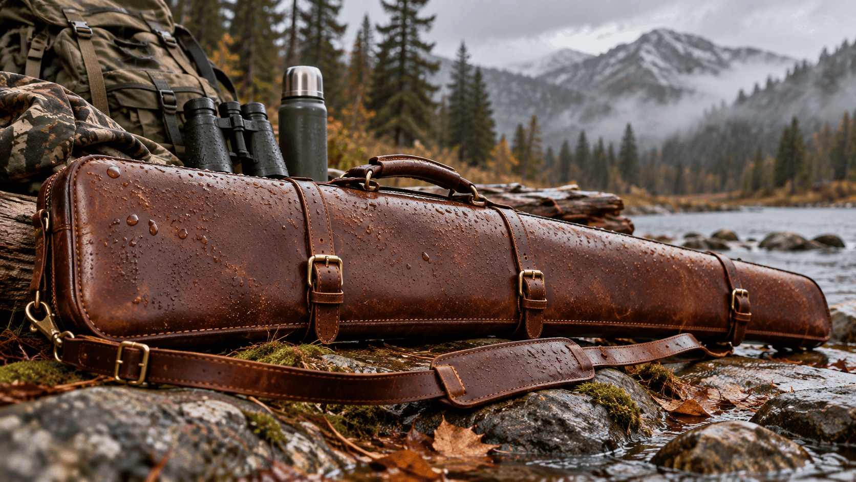 Brown leather rifle case with water droplets on it