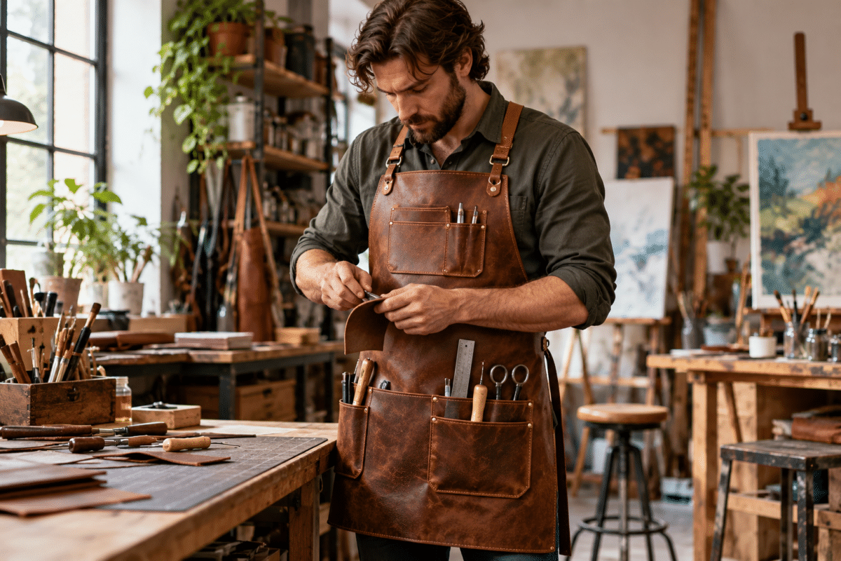 Man wearing a brown leather apron in a workshop, holding a tool
