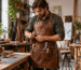 Man wearing a brown leather apron in a workshop, holding a tool