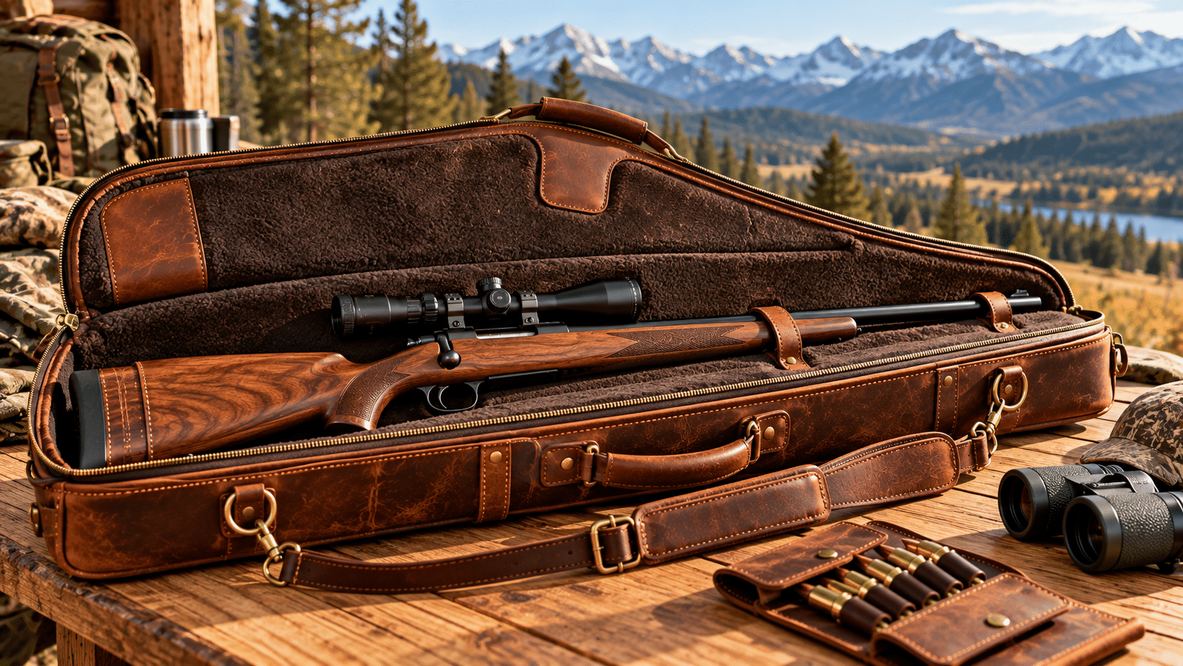 Leather gun case with rifle, binoculars, and ammunition on a wooden surface with a mountainous landscape background
